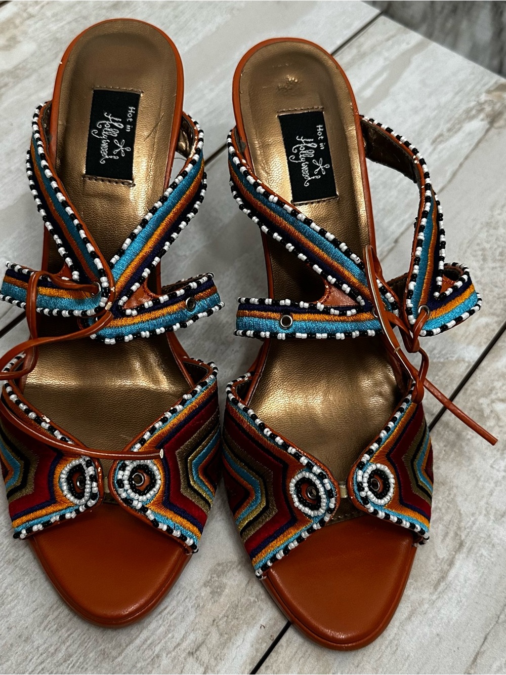 Hot in Hollywood Multicolor Beaded Embroidered Strappy Heels Southwestern Vibes